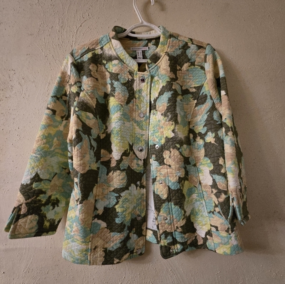 Isaac Mizrahi Green and Cream Floral Bomber Jacket